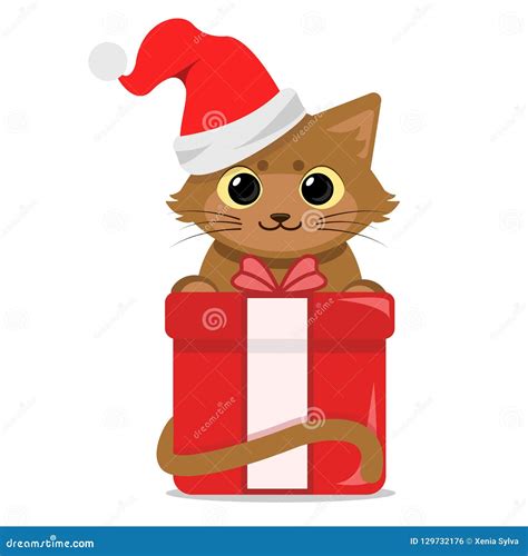 Cute Cat in Santa Hat with Christmas Gift. Stock Vector - Illustration ...