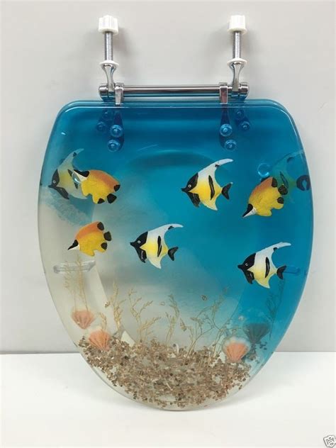 Elongated Blue Aquarium Fish And Seashell Resin Toilet Seat Chrome Hi