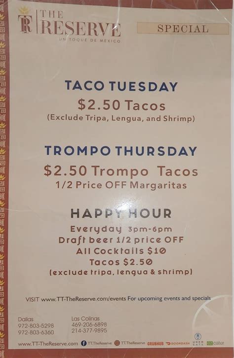 Menu at The Reserve - Las Colinas pub & bar, Irving