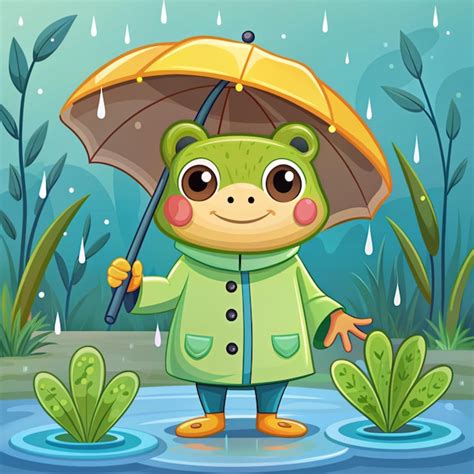 Cute Frog Wearing Raincoat And Holding Leaf Cartoon Vector Icon