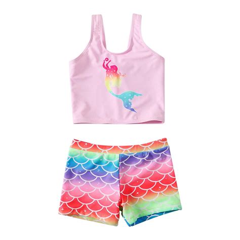 Utlike Girls Swimwear New Olique Shoulder Fish Scale Print Bikini Set Split Swimsuit Adjustable