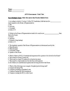 AP US Government Unit 2 Test Multiple Choice Answers Only TPT