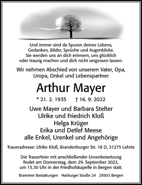 Traueranzeigen Von Arthur Mayer Trauerportal Der Celleschen Zeitung