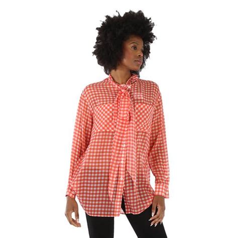 Burberry Gingham Silk Chiffon Pussy Bow Blouse Red Solesense