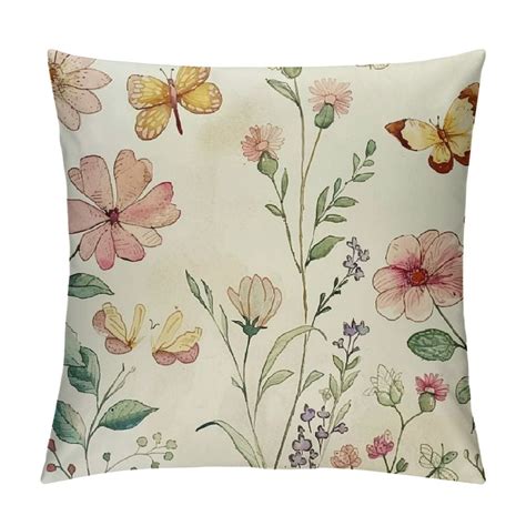 Creowell Spring Wildflowers Throw Pillow Covers Floral Butterfly