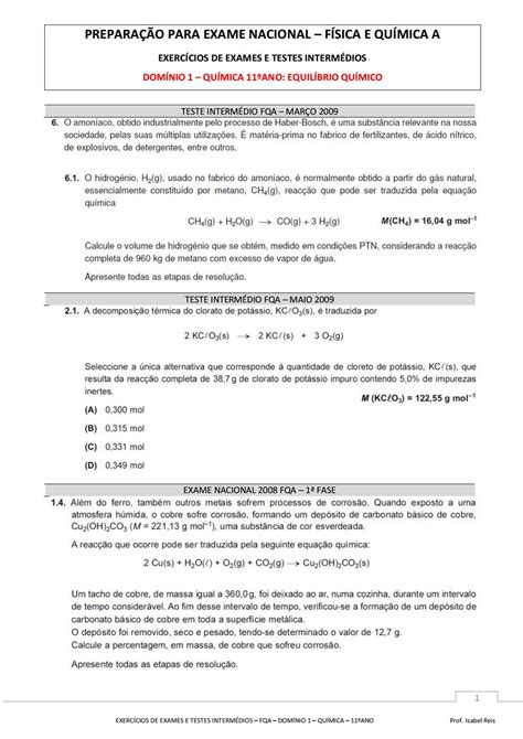 Exercícios Exames Fqa 11º Ano Equilíbrio Químico Química By Fq