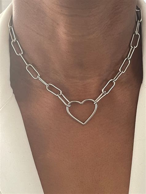 Silver Heart Chain Necklace Paperclip Chain Necklace Rock Etsy