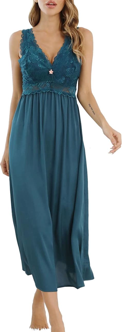 ALCEA ROSEA Womens Silky Nightgown Sexy Lace Lingerie Long V Neck Chemise Sleeveless For Elegant