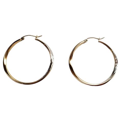 10k Yellow Gold Thin Twisted Etched Hoop Earrings 17873 For Sale At
