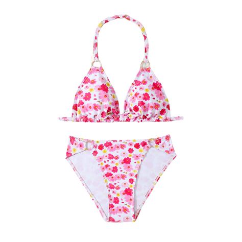 Jdefeg Girls Bathing Suit Summer Swimwear Bikini Set Floral Hanging Neck Triangle Bag Tankini