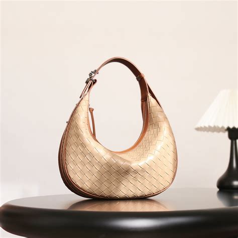Nude Leather Woven Half Moon Hobo Handbag Shoulder Bag Baginning