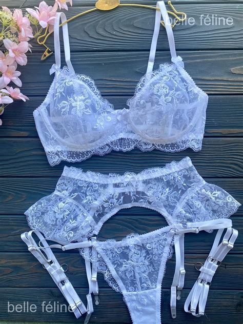 White Sheer Lace Lingerie Set With Floral Embroidery Bridal Garter Belt Design Etsy