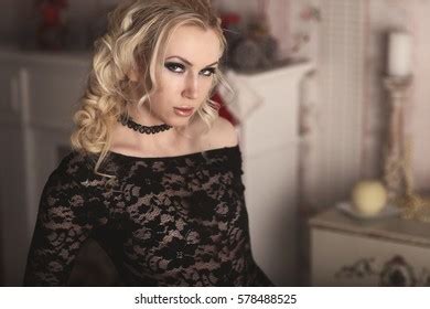 Sexy Woman Seductive Black Lingerie Stockings Stock Photo