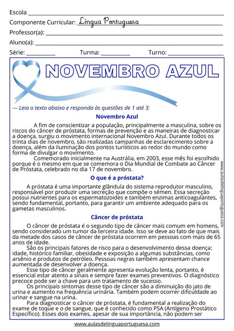 Atividades Novembro Azul Para Imprimir - Atividades sobre Novembro Azul: textos e exercícios de interpretação ...