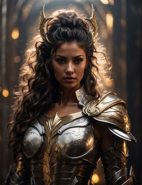 A Woman Dressed In Armor With Horns On Her Head And Long Hair Standing In Front Of Lights