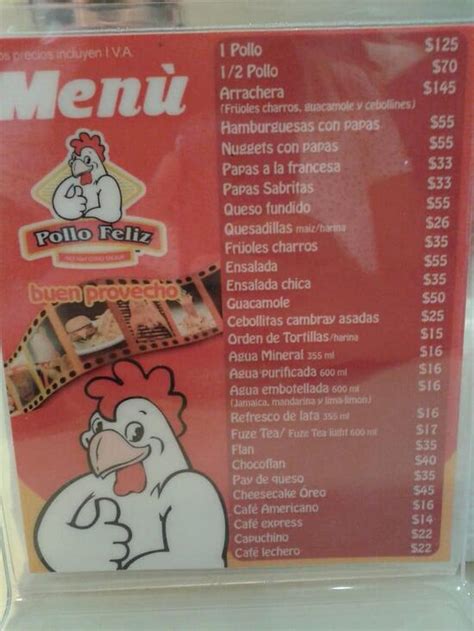 Carta del restaurante El pollo FeLiz Cancún Av Andrés Quintana Roo