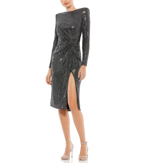 Mac Duggal Sequin Boat Neck Front Twist Long Sleeve Thigh High Slit