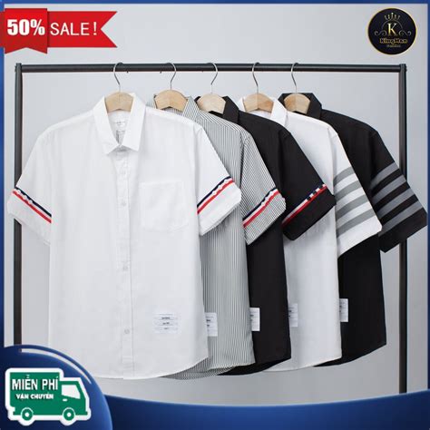 Áo sơ mi nam nữ Thome cộc tay phối tay sọc chất mẫu hot Shopee Việt Nam