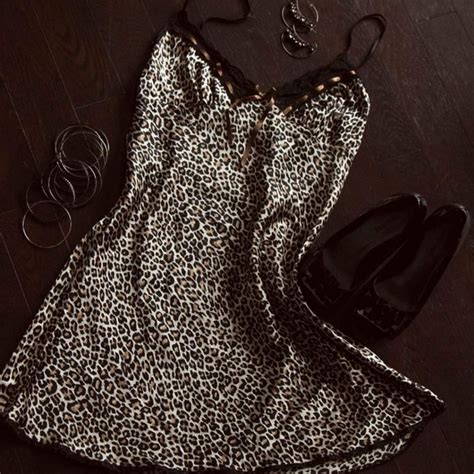 Unknown Intimates Sleepwear Leopard Print Baby Doll Dress Lingerie W Lace Trim Brown Black