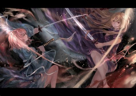 Girls Blonde Hair Brown Eyes Dress Katana Long Hair Pink Hair Saigyouji Yuyuko Short Hair Sword