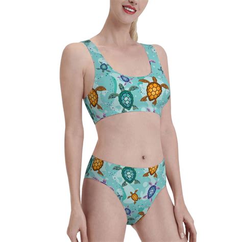 KLL Turtles And Sea Pattern Women S High Waisted Bikini Sets U Neck Bikini Top Tummy Control