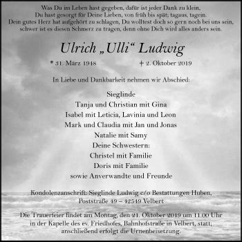 Traueranzeigen Von Ulrich Ludwig Trauer In Nrw De