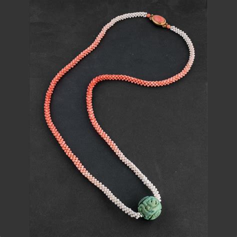 Woven Coral Rope Necklace With Old Carved Turquoise Shou Bead And