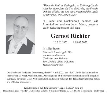 Traueranzeigen Von Gernot Richter Saarbruecker Zeitung Trauer De