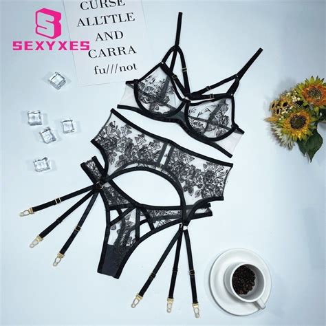 Multicolor Embroidery Sexy Lingerie Set Floral Women S Underwear Bra With Thigh Ring Unlined