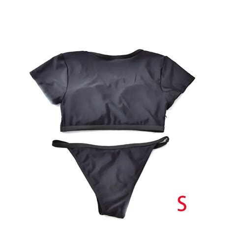 Short Sleeve Solid Color Bikini String Strappy Swim Wear Women Bathing Suit Swimsuit Beachwear