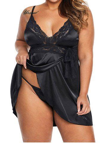Plus Size Lace Panel Plunging Neck Bowknot Colorblock Lingerie 82 OFF Rosegal