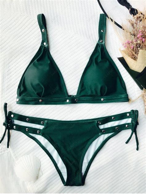 25 OFF 2020 Studded Loop Tie Side Bikini Set In GREEN ZAFUL