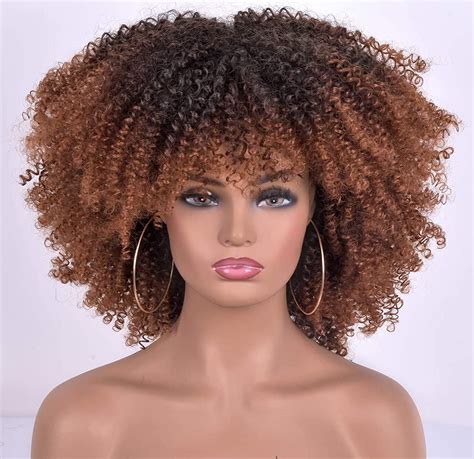 Annivia Afro Curly Wigs Short Kinky Curly Wigs With Bangs For Black Women Synthetic Ombre Brown