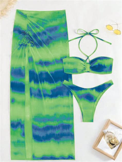 Shein Swim Set Bikini Incrociato E Halter Stampato Con Colore Sbiadito Tie Dye Estivo Da Donna