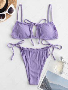 ZAFUL Ribbed Frilled Cutout Drawstring String Bikini Swimwear In PURPLE ZAFUL 2025
