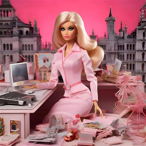 Premium AI Image Cute Blonde Barbie Wearing A Pink Clothing Posed In Front Of The Pink Desk