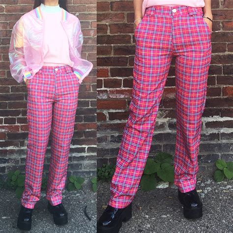 New 90s Grunge Hot Pink Plaid High Waist Trousers Kokopiecoco