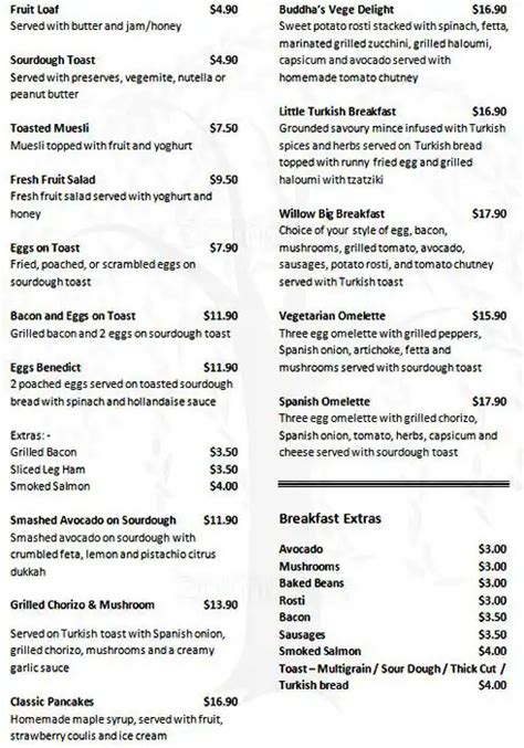 Menu at Willow Tree Cafe on Latrobe, Brisbane City