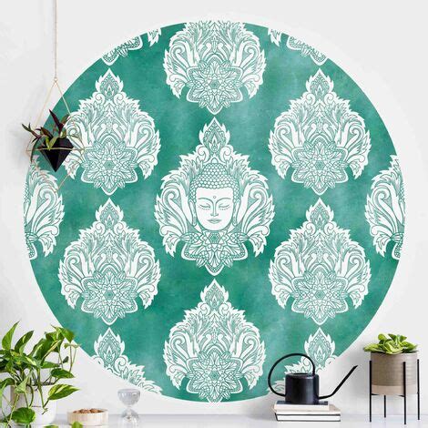 Papier peint rond autocollant Buddha And Lotus Emerald Pattern Ø 50cm