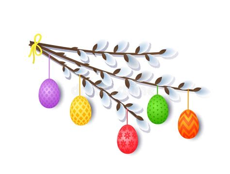Bright Easter Colored Eggs Hang On A Pussy Willow Branch