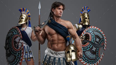 Muscular Greek Spearman With Naked Torso And Two Comrades Stock Photo By Fxquadro