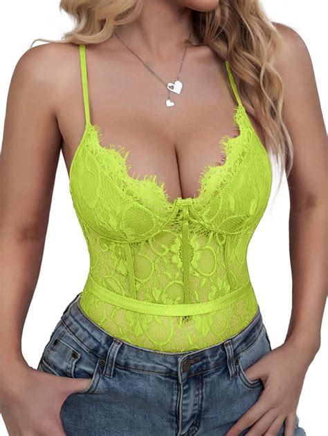 Popiv Women S Bodysuit Sexy Eyelash Lace Corset Top Naughty Snap Crotch Teddy Lingerie GreenM
