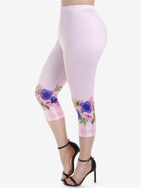 Rosegal Womens Plus Size High Waist Floral Print Skinny Capri Leggings