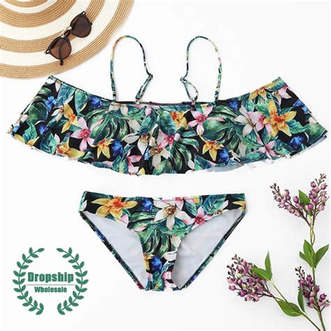 Sweet Flower Women Bikini Set Backless Push Up Flounce Top Bikinis Low