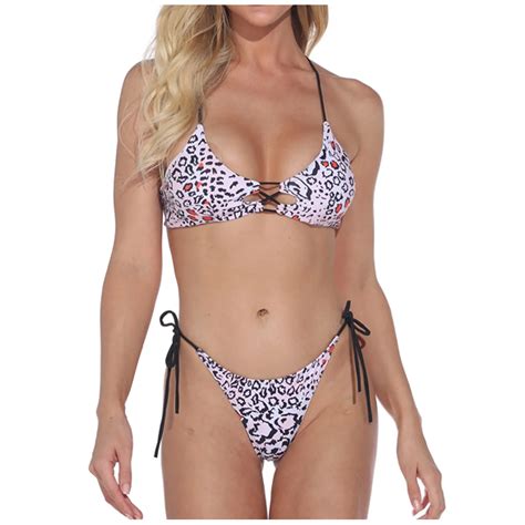 Women S Sexy Lace Up Leopard Print Straps Bikini Set Two Piece Swimsuit Bathing Swimsuit