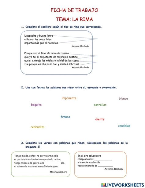 Ficha De Trabajo De Rima Asonante Y Consonante