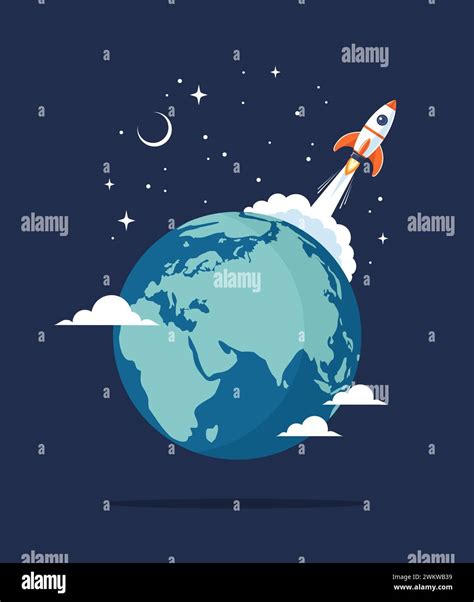 Space Rocket Launch From Earth Globe Into Space Flat Vector