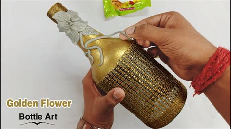 Glass Bottle Art Golden Flower With Golden Fabric Bottle Craft