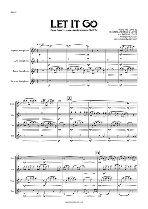 Let It Go Frozen Short Version For Saxphone Quartet Etsy