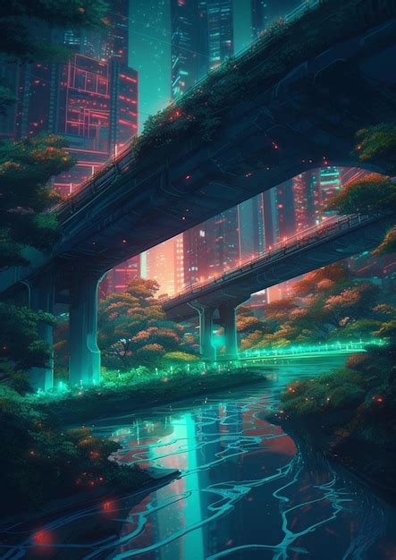 Anime City With A Bridge Over A River And A River Running Through It